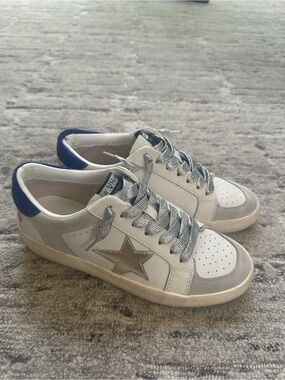 Vintage Havana White Sneakers with Silver Star and Blue Heel